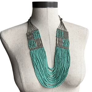 Multi Strand Beaded Necklace Turquoise Silver Tone Layered Long Festival Boho